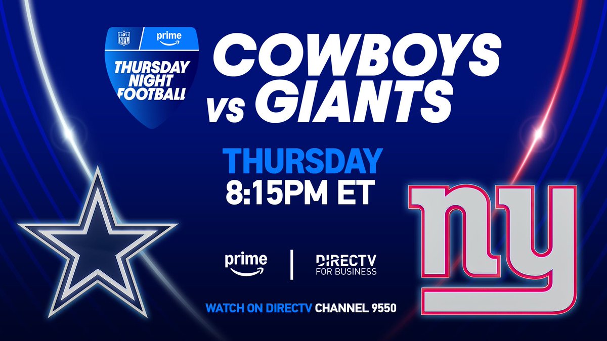 During this week's #ThursdayNightFootball lineup, two incredible teams and long-running NFC East rivals go head-to-head! 🏈

<a href="/DallasCowboys/">Dallas Cowboys</a> vs <a href="/Giants/">New York Giants</a> at 8:15 PM ET on DIRECTV Channel 9550

Keep your business packed with football fans every night! 👇
dtv.biz/3BilGTr