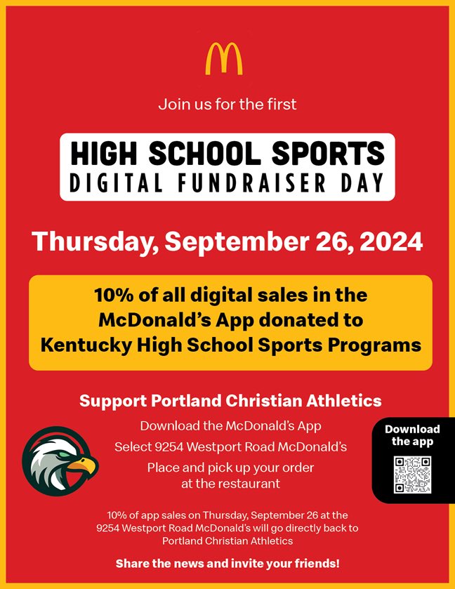 An opportunity to support Portland Christian Athletics on Thursday, September 26! High School Sports Digital Fundraiser Day at 9254 Westport Road McDonald’s!
#PCSathletics