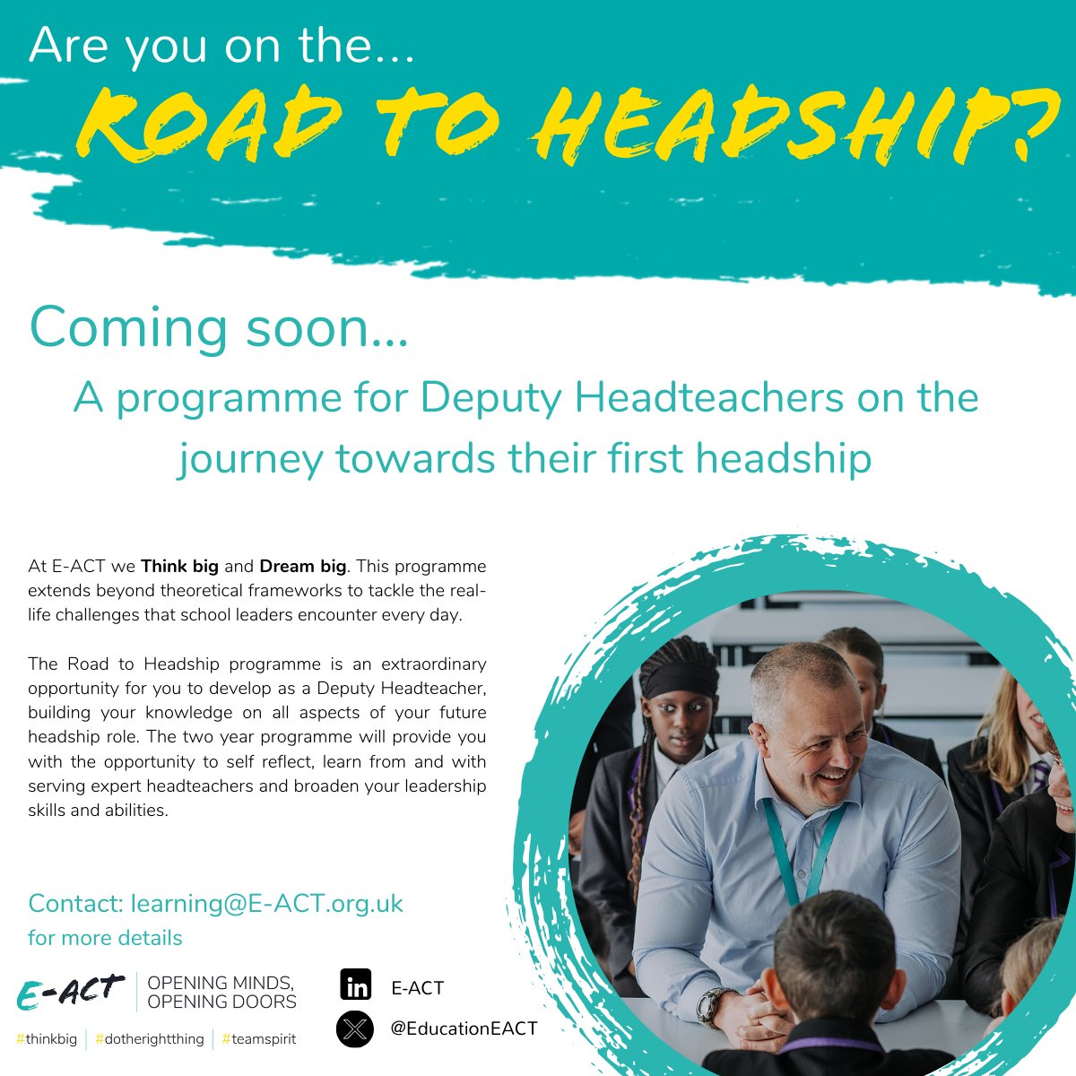 A sneak peek at this incredible opportunity!

If you are a secondary deputy headteacher ready to get on the road to headship then this <a href="/EducationEACT/">E-ACT</a>  programme is for you 🫵

More details coming soon #thinkbig #WeAreEACT #roadtoheadship #watchthisspace

DM me if interested