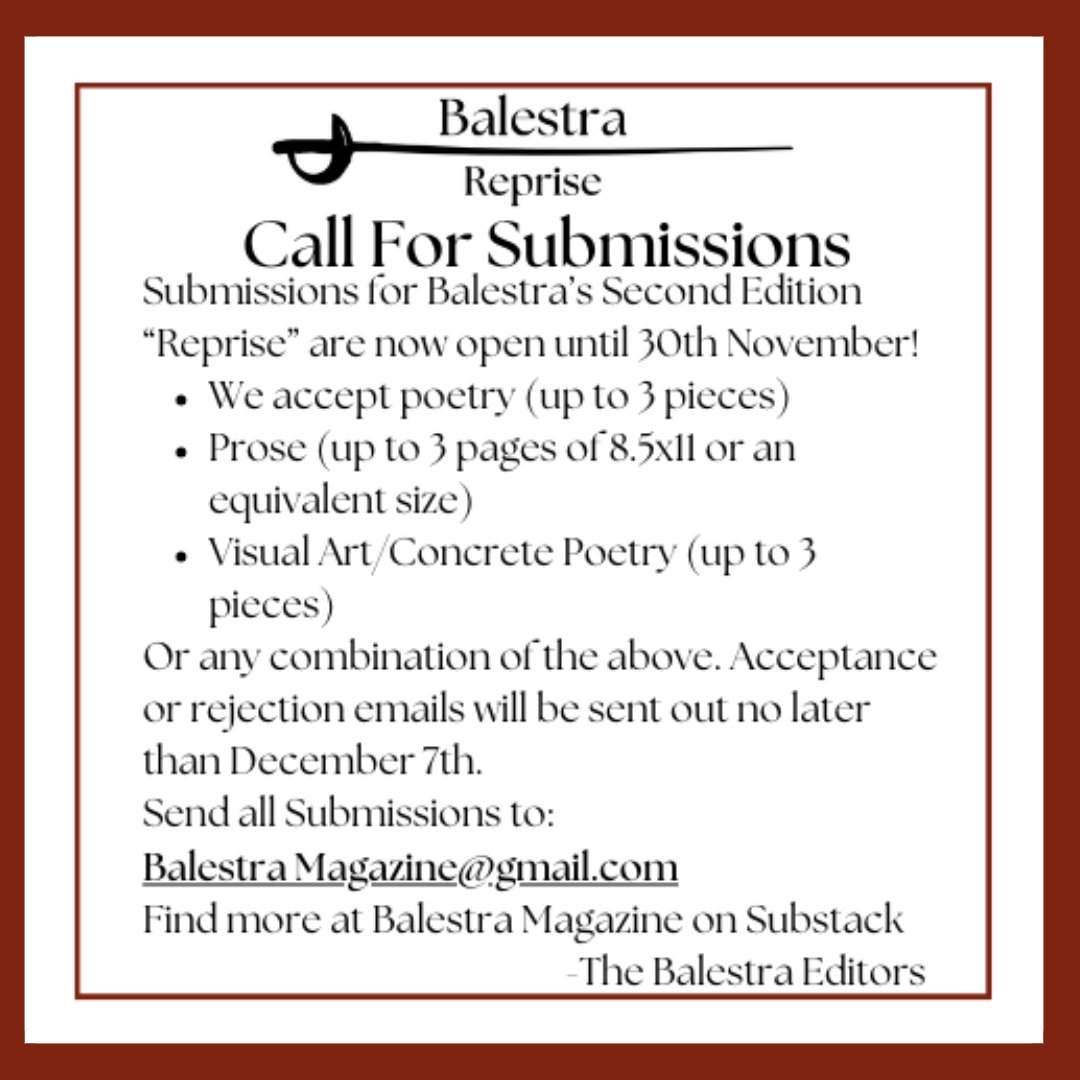 Calling All Writers! ✍️
Balestra seeks to explore and experiment, showcasing artists across all disciplines as they emerge onto the international arts scene for the first time, or established artists looking to try something new and expand their creative horizons! #BrockUEnglish
