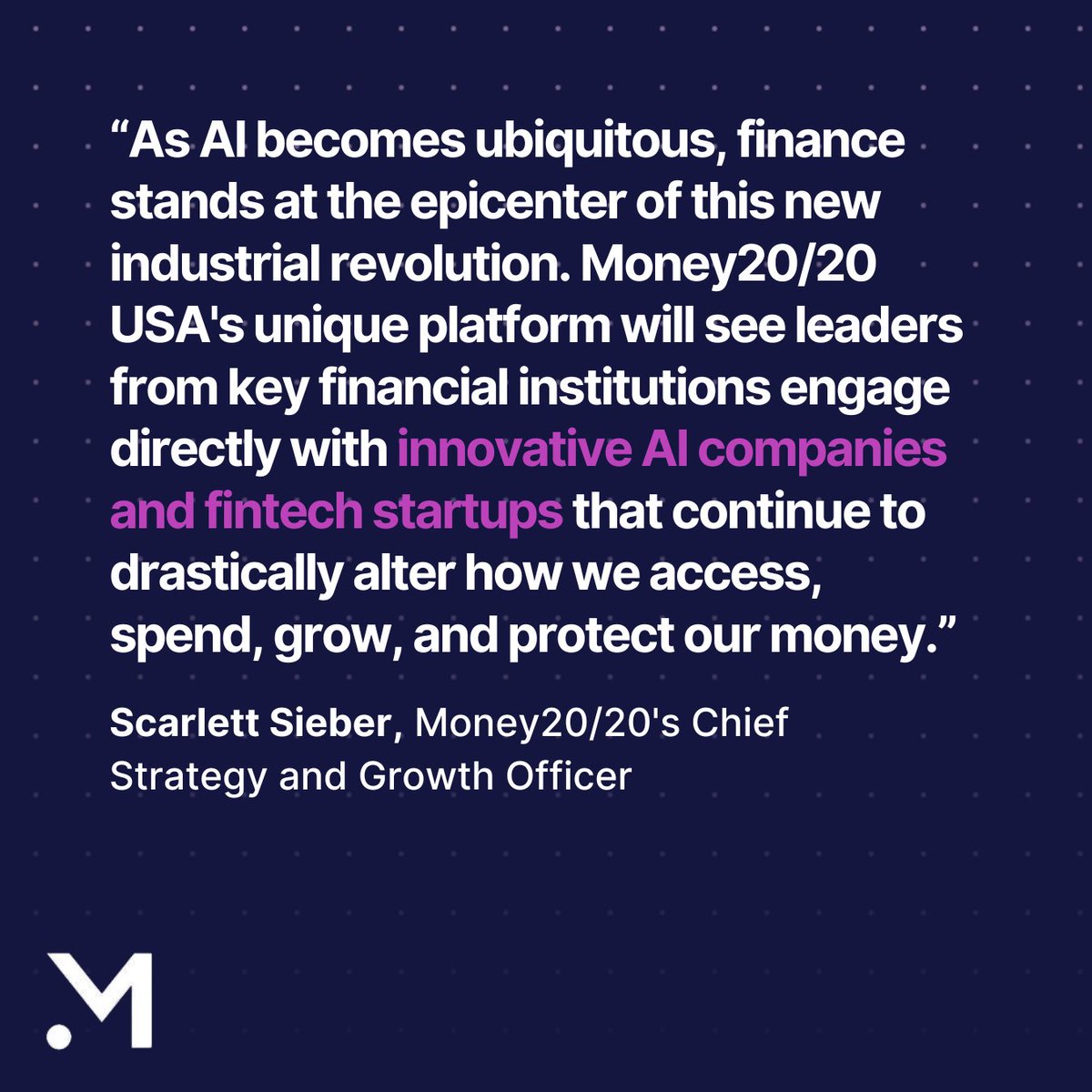 We agree with Scarlett Sieber at Money 20/20—AI is transforming finance. Join us at #Money2020USA to explore AI’s impact on fintech. Worth uses AI to speed up business approvals &amp; improve the bottom line. Excited to join amazing innovators on this journey! hubs.la/Q02R5jgk0