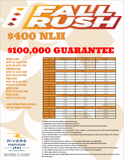 Don't miss out on the $400 NLH FALL RUSH w/$100K GTD!!! Day 1A has started &amp; Day 1B starts at 5:15PM. 30k starting stack &amp; 30/40 min levels. Come join the RUSH!!!!!
<a href="/riverscasinophl/">Rivers Casino Philadelphia</a> <a href="/riverspokerphl/">Rivers Philadelphia Poker Room</a> <a href="/DGRUBB27/">David Grubb</a>