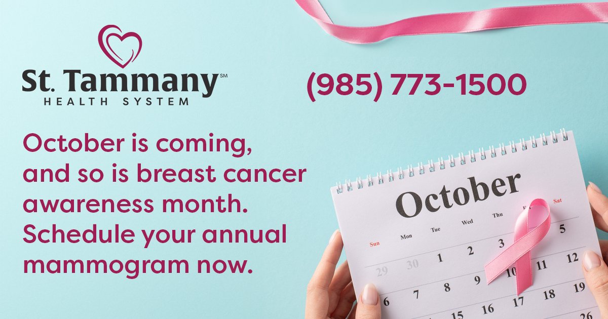 October is coming, and so is breast cancer awareness month. Call (985) 773-1500 to schedule your annual mammogram now. 

#MomHealth #Wellness #PreventiveCare