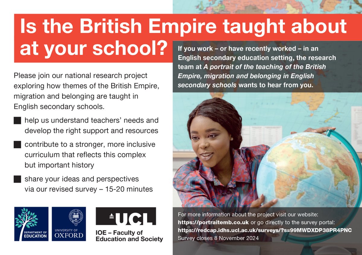 PortraitEMB's tweet photo. #REteachers, help us explore how themes of the #BritishEmpire, migration &amp; belonging shape discussions on race, identity colonial legacies, &amp; philosophy in classroom, &amp; complete our shorter survey (15-20 mins).
https://t.co/IYe8IoMZAG
Your insights are key. https://t.co/TtsGEKmcra
