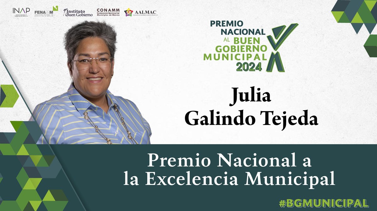 Julia Galindo Tejeda recibe el <Premio Nacional a la Excelencia Municipal 2024>

Se reconoce su sobresaliente trayectoria de servidora pública municipal en el área de finanzas y tesorería, así como por su liderazgo en el movimiento municipalista de nuestro país

¡Felicidades!