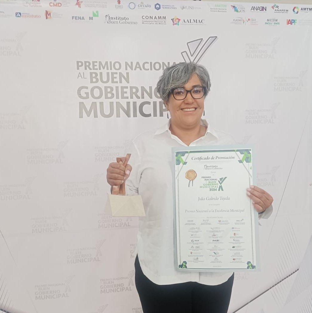 PremioBGM's tweet photo. Julia Galindo Tejeda recibe el <Premio Nacional a la Excelencia Municipal 2024>

Se reconoce su sobresaliente trayectoria de servidora pública municipal en el área de finanzas y tesorería, así como por su liderazgo en el movimiento municipalista de nuestro país

¡Felicidades! https://t.co/5rQ3ljqtOq