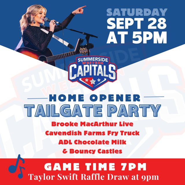 TAILGATE! Our home opener is this Saturday night, September 28th and we are having a party!! Summerside’s Brooke MacArthur will be performing and there will be free fries and chocolate milk courtesy of Cavendish Farms fry and ADL. All starts at 5 pm! #CapsArmy