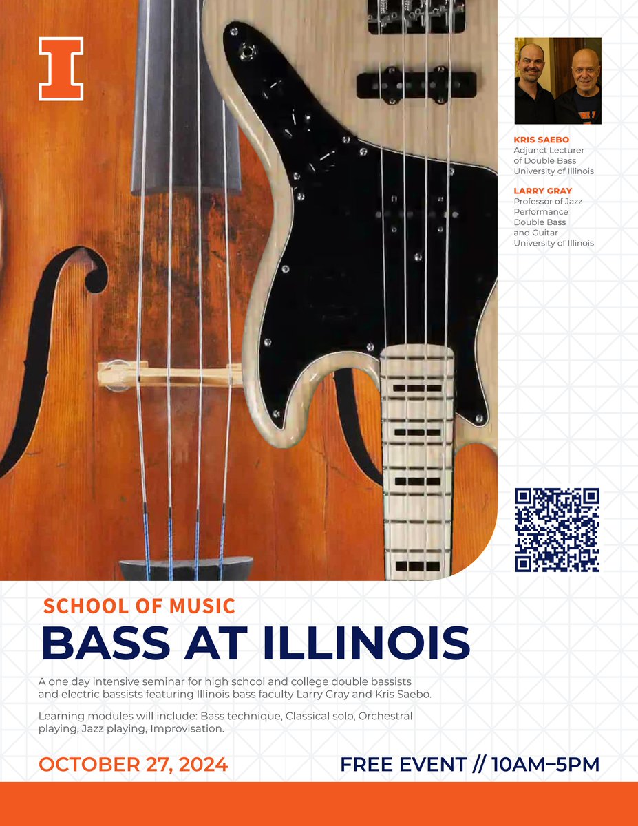 Registration for Bass Day is open! Join Illinois bass faculty Prof. Larry Gray and Kris Saebo for a one-day intensive seminar. This FREE event is open to all high school and college bassists, whether you're into jazz or classical bass.

Full schedule: music.illinois.edu/engagement/hig…