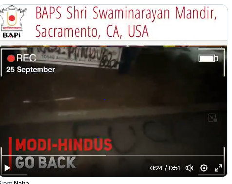 CoHNAOfficial's tweet photo. Another week, another attack on a #HinduTemple in the US. Even before the dust could settle from the attack in #NewYork, we see the same forces strike in Sacramento, #California.

#Hinduphobia is growing exponentially in the US, primarily because despite repeated and frequent provocations, no culprits have been caught. Sadly, our lawmakers have not focused on driving attention and solving this problem. 

As the screengrab below shows, there are deliberate attempts to justify #AntiHinduHate in the guise of politics or "anti-India" speech. If #Hindus react, with even something simple like emailing, calling or meeting with their lawmakers to ask for help, they can be the ones accused of supporting "transnational repression instead.”

We ask again, what does #FreedomofReligion mean for minority #HinduAmericans in this context, when our sacred spaces that should sanctuaries for solace, are violated with impunity?

@RepBera @SenLaphonza @SenAlexPadilla
@SacPolice
@gavinnewsom
@CityofSac
@mayor_Steinberg
@SacCountyDA
@joshHooverCA @senRogerNiello
