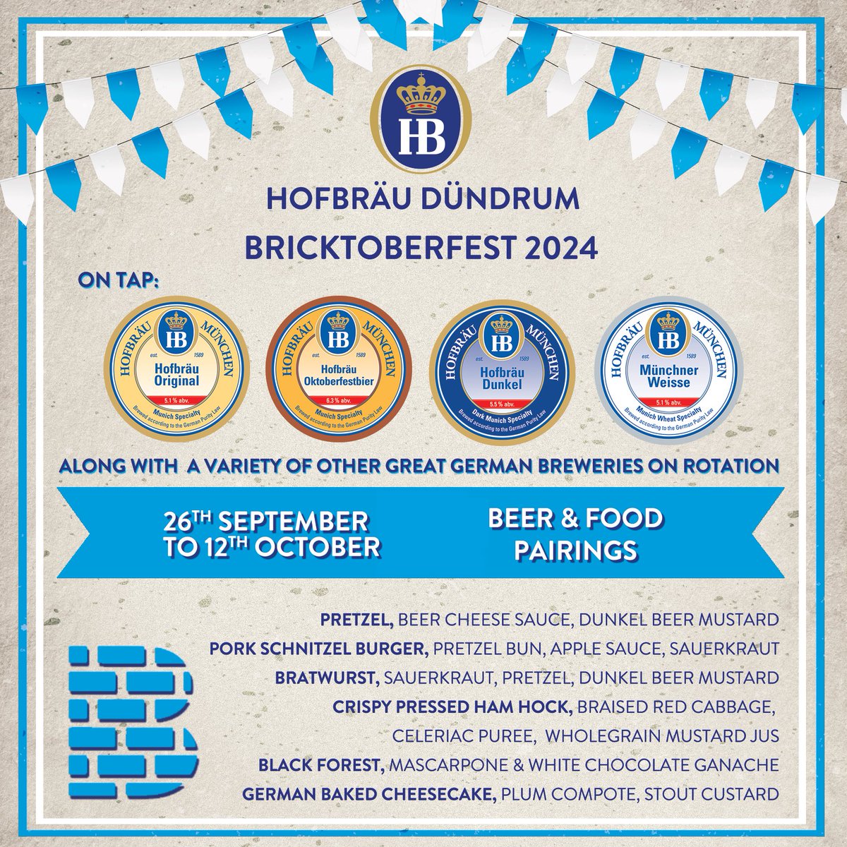 🍻 Bricktoberfest 2024 is HERE! 🎉

Kicking off everyday from 4pm!

A celebration of great German beer, food and epic vibes. Prost! 🇩🇪🍂 

#OktoberfestDublin #BrickyardGastropub #GermanBeers #DundrumEvents