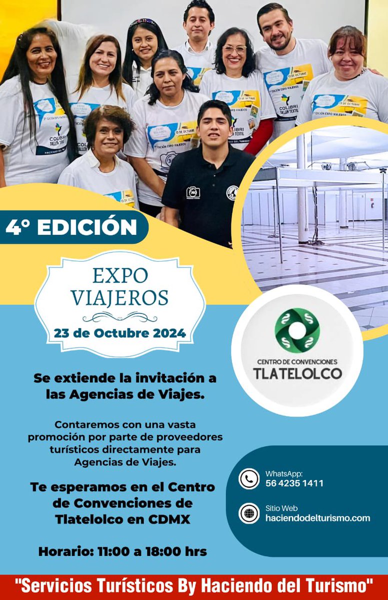 𝗣𝗿𝗼𝘅𝗶𝗺𝗮𝗺𝗲𝗻𝘁𝗲 𝗘𝘅𝗽𝗼 𝗩𝗶𝗮𝗷𝗲𝗿𝗼𝘀 𝗲𝗻 𝘀𝘂 𝟰° 𝗘𝗱𝗶𝗰𝗶𝗼́𝗻 𝗹𝗹𝗲𝗴𝗮 𝗮𝗹 𝗖𝗲𝗻𝘁𝗿𝗼 𝗱𝗲 𝗖𝗼𝗻𝘃𝗲𝗻𝗰𝗶𝗼𝗻𝗲𝘀 𝗱𝗲 𝗧𝗹𝗮𝘁𝗲𝗹𝗼𝗹𝗰𝗼 - 𝟮𝟯 𝗱𝗲 𝗢𝗰𝘁𝘂𝗯𝗿𝗲 𝗱𝗲 𝟮𝟬𝟮𝟰

Registro: bit.ly/ExpoViajeros20…