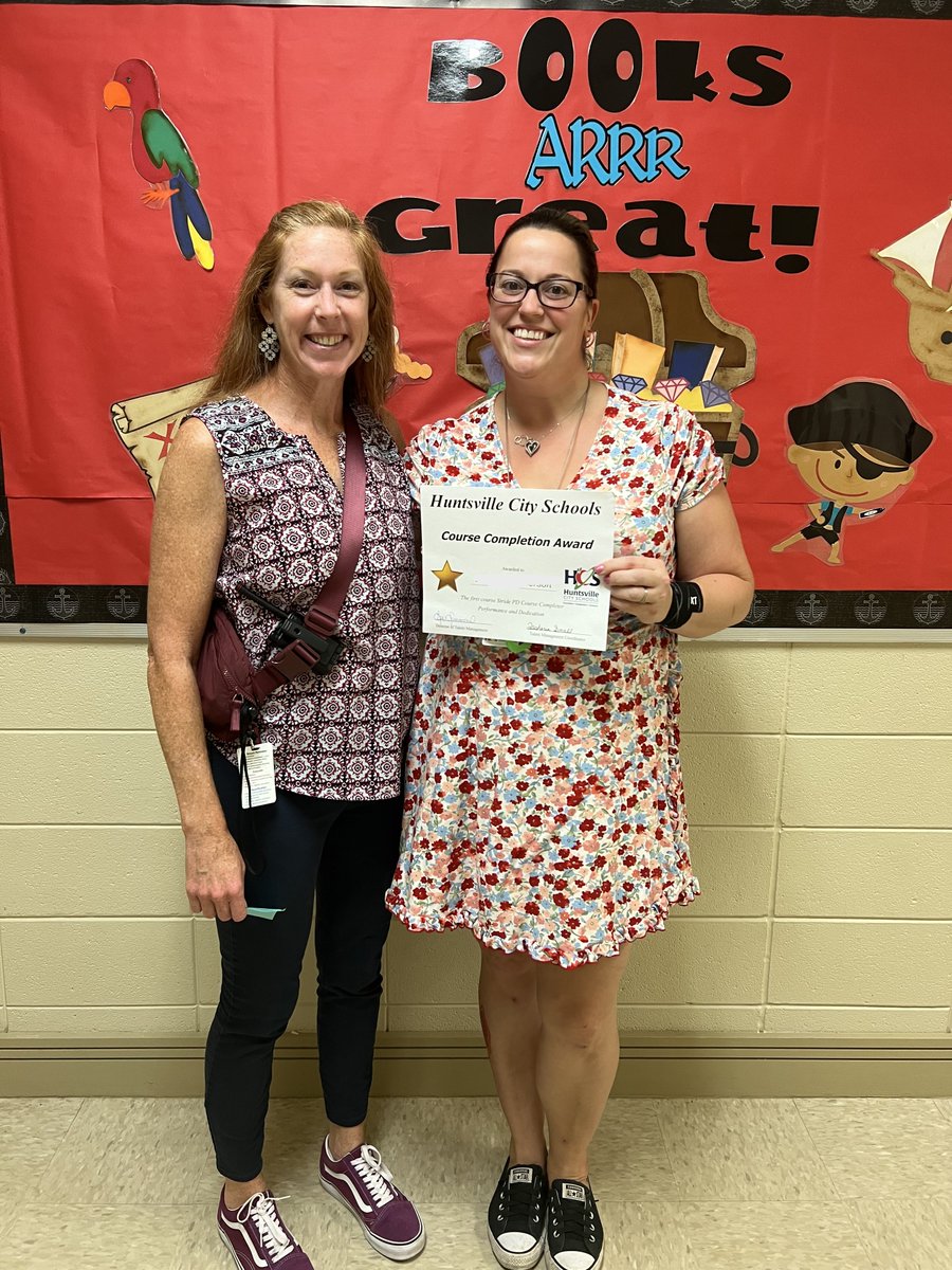Let’s celebrate our gold star Providence Elementary teacher, Ms. Brittany Dickson (right), who was the first person in the district to complete a module and earn her gold star in learning! Also pictured is Assistant Principal Ms. Christy Lang (left).