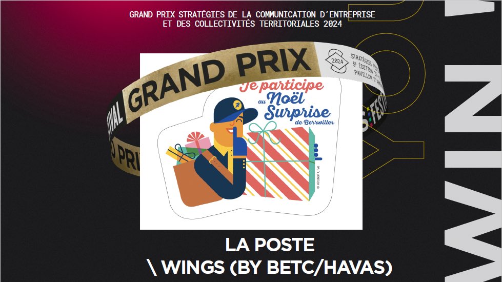 Strategies's tweet photo. Le Grand Prix @Strategies de la Communication d’Entreprise et des Collectivités Territoriales 2024 est décerné à @GroupeLaPoste et les agences #WINGS @HavasParis @BETCParis pour la réalisation « Le plus grand Secret Santa de France by La Poste ». Félicitations à toute l’équipe !
#gpstrat #corpo