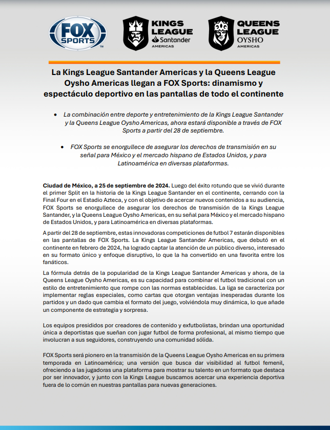 FOXSportsMX's tweet photo. La Kings League Santander Americas y la Queens League Oysho Americas llegan a FOX Sports

Dinamismo y espectáculo deportivo en las pantallas de todo el continente y en nuestras redes sociales

@kingsleague_am & @queensleagueam_

#KingsLeaguexFSMX #QueensLeaguexFSMX