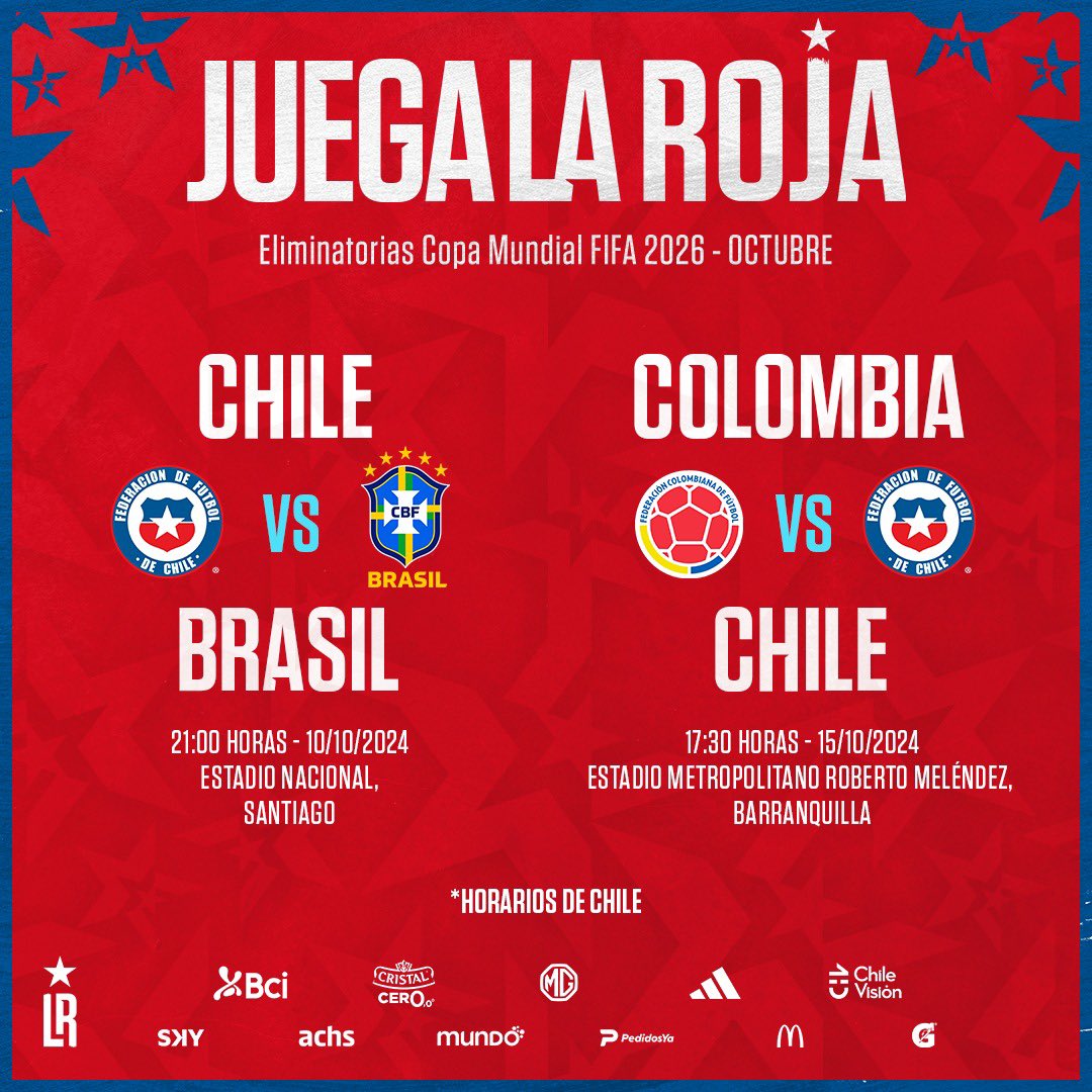LaRoja's tweet image. #EliminatoriasSudamericanas 🌎
🏆🔜 𝐏𝐑𝐎́𝐗𝐈𝐌𝐎𝐒 𝐏𝐀𝐑𝐓𝐈𝐃𝐎𝐒:

🇨🇱🆚🇧🇷 | Fecha 9
📆 10/10
🕘 21:00 horas
🏟️ Estadio Nacional Julio Martínez Prádanos 

🇨🇴🆚🇨🇱 | Fecha 10
📆 15/10
🕠 17:30 horas
🏟️ Estadio Metropolitano Roberto Meléndez, Barranquilla

#SomosLaRoja