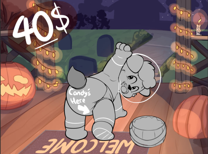 Candys Here!
This is my first Ych themed, for halloween! For 40$ us dm me for slot ask for examples :3! There are costumes options like: Fairy, Cowboy, Astronaut, Fireman, Mummy, Super hero and the classic baby x3!
Humans and Furrys accepted!