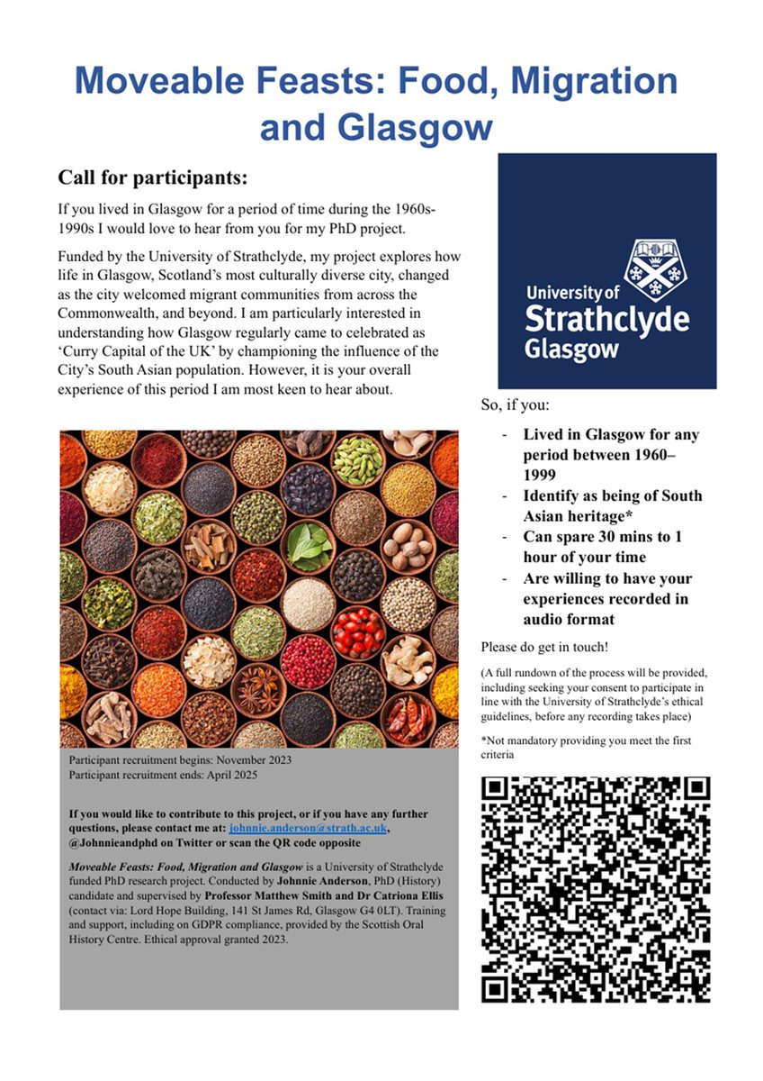 Call for participants: Lived in or moved to Glasgow between 1960-1999? Like food (and talking about it?!) Please do sign up for my oral history project. Details below