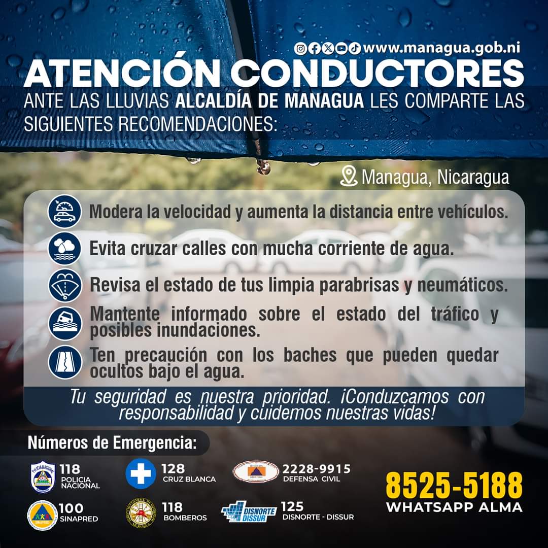 Recomendaciones a todos loa conductores ante las lluvias en #Managua, sigamos estas recomendaciones:

¡Conduzcamos con responsabilidad y cuidemos nuestras vidas! 

Fuente: Alcaldía de Managua 

#AmoraNicaragua
#OrgulloDeMiPais