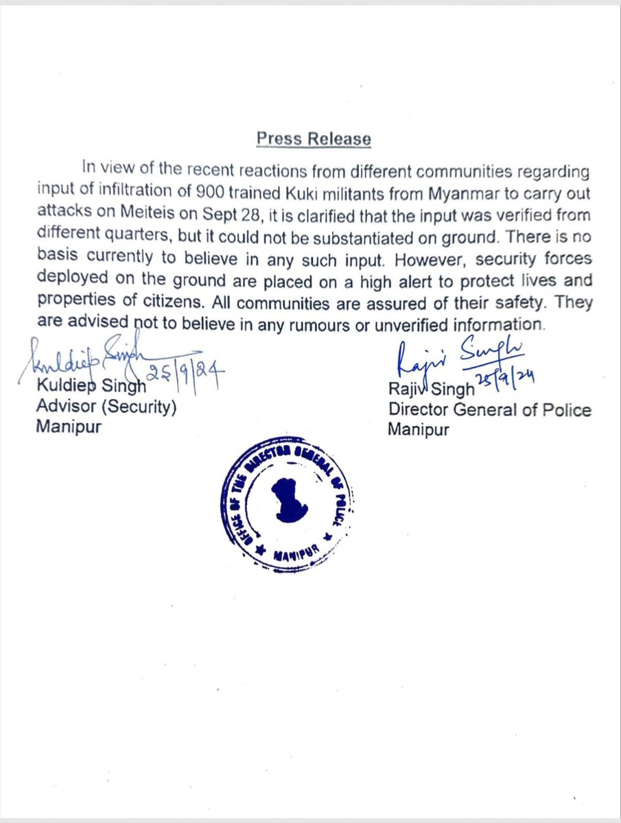 BDUTT's tweet photo. Late night statements attributed to #Manipur Govt &amp; Manipur DGP &amp; adviser Kuldiep Singh say reports of 900 Kuki militants entering from Myanmar “could not be substantiated”. Huge Walk-back, if true, given Singhs assertion that intel was “100 percent right unless proven wrong” https://t.co/f7xQMep4Y4