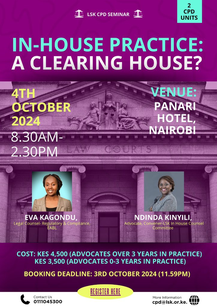 LawSocietyofKe's tweet photo. #LSKCPDSeminar
#InHousePractice
Click here to register, https://t.co/XoLsEzteC3 https://t.co/orCYxaE9nt