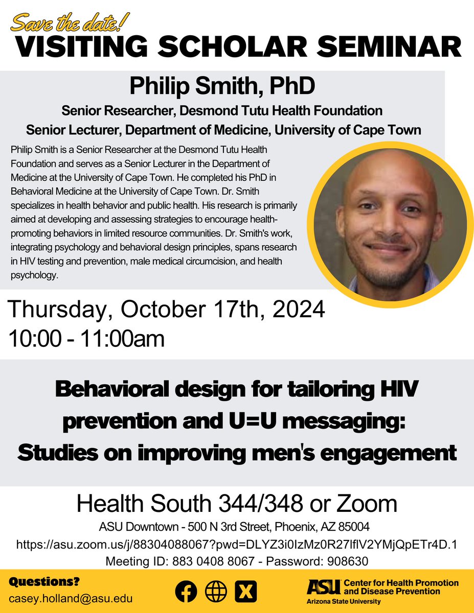 Join us ➡️Oct 17, 10-11 AM for a discussion with Dr. Philip Smith, Senior Lecturer at <a href="/UCT_news/">UCT</a> &amp; researcher at the Desmond Tutu Health Foundation, where he will share insights on health behavior &amp; public health in low-resource communities. Don’t miss it! #asunursing #HIVResearch