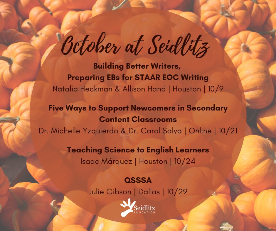 Seidlitz Education (@seidlitz_ed) on Twitter photo Happy October! It's officially #SpookySeason, & it's a big month at Seidlitz! Check out our upcoming workshops, & reserve your spot for one (or lots) ASAP! @NataliaHeckmanESL @Hand_Allie <a href="/dr_aquagirl/">Michelle Yzquierdo</a> <a href="/DrCarolSalva/">Dr. Carol Salva</a> <a href="/iMarquezEDU/">Isᴀᴀᴄ Mᴀ́ʀǫᴜᴇᴢ</a> <a href="/jjgib4science/">Julie Gibson</a> seidlitzeducation.com/upcoming-event… Happy October! It's officially #SpookySeason, & it's a big month at Seidlitz! Check out our upcoming workshops, & reserve your spot for one (or lots) ASAP! @NataliaHeckmanESL @Hand_Allie <a href="/dr_aquagirl/">Michelle Yzquierdo</a> <a href="/DrCarolSalva/">Dr. Carol Salva</a> <a href="/iMarquezEDU/">Isᴀᴀᴄ Mᴀ́ʀǫᴜᴇᴢ</a> <a href="/jjgib4science/">Julie Gibson</a> seidlitzeducation.com/upcoming-event…