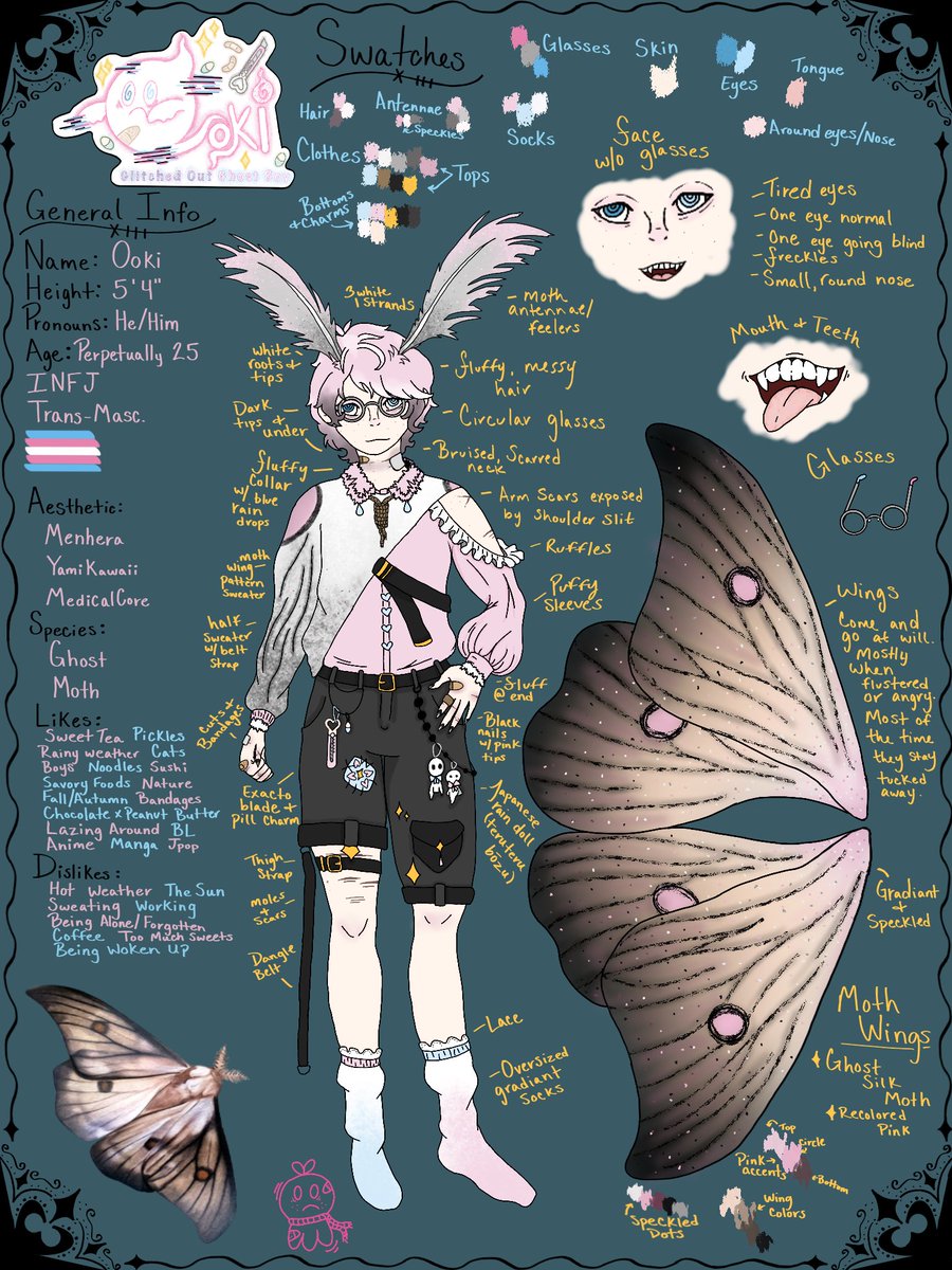 GlitchedGhostVT's tweet image. . ݁₊ ⊹ . ݁˖ . Hello all!. ݁₊ ⊹ . ݁˖ .
I think I am finally satisfied with a body for myself and I’m here to share it with you!
Here is my small reference sheet w/ a bit of info, my tuber logo, and a reference with wings out.
Art done by me!
Except the small moth in corner.