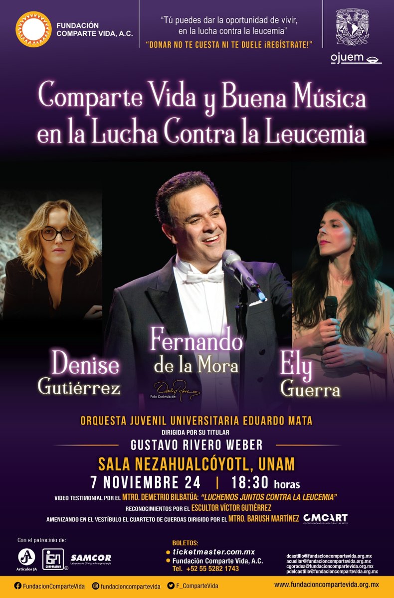 🎶 #Música | Fundación Comparte Vida anuncia el concierto “Comparte Vida y Buena Música en la Lucha Contra la Leucemia” con Fernando de la Mora, Denise Gutíerrez y Ely Guerra, tendrá lugar en la Sala Nezahualcóyotl del Centro Cultural Universitario el 7 de noviembre