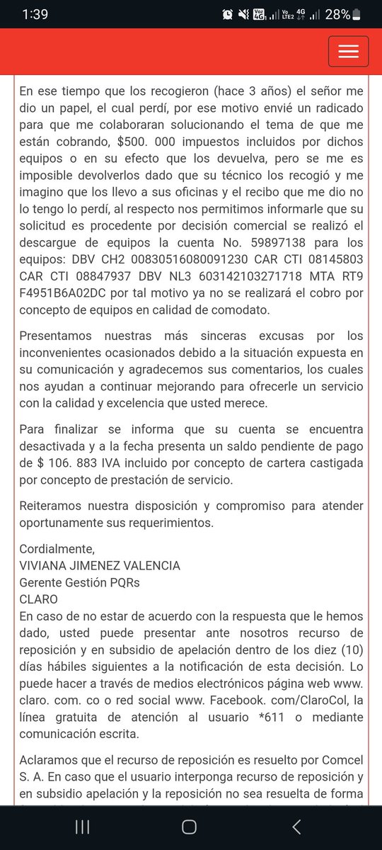 fr540160's tweet photo. @ClaroTeAyuda Hola @ClaroColombia @ClaroTeAyuda resolvieron mi inquietud acerca de los equipos les agradezco y los felicito pero ahora me dicen que tengo un saldo en mora de 106000 pesos los cuales ya pague me pueden colaborar con ese tema https://t.co/2OTKm9RjYK