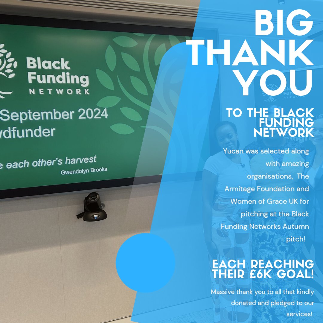 Yesterday, we were selected with inspiring organisations @thearmitagefoundation and @womenofgraceuk for the @blackfundingnetwork autumn pitch. 

Through kind donations and pledges, we each reached our £6k target!! 😲

A massive thank you to all that kindly donated.

#yucan