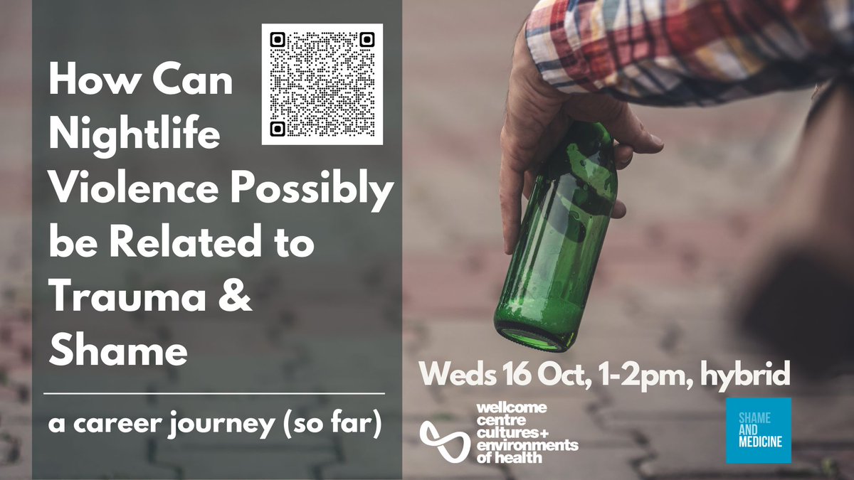 Sign up for the @wcceh and <a href="/shame_medicine/">Shame&Medicine</a> #seminar with Prof Peter Miller, <a href="/Deakin/">Deakin University</a> 

All welcome - 16 Oct 1-2pm GMT

‘How Can Nightlife Violence Possibly be Related to Trauma &amp; Shame’ 

<a href="/UniofExeter/">University of Exeter</a> <a href="/UniOfExeterHASS/">Faculty of Humanities, Arts & Social Sciences</a> 
#trauma #shame #violence