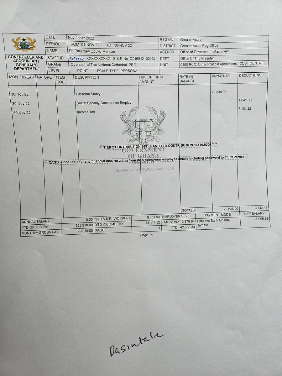 malik_basintale's tweet photo. Pls find attached different payslips of Dr Paul Opoku-Mensah, CEO of National Cathedral (Most Expensive Hole) for February, June and even November 2022.

His bank is ABSA bank(Tamale Branch)

Yet you arrest innocent protestors and leave the real culprits.

He should sue me if this is fake....

Salaries of other members there will be released soon with Evidence.

More details soon.......