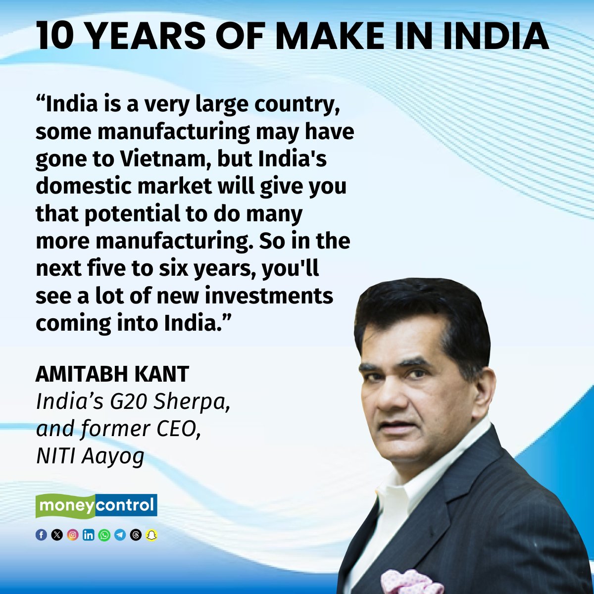 moneycontrolcom's tweet photo. #MCExclusive 🚨 | Mr. Amitabh Kant also gives his take on India's market condition by stating that our domestic market is poised for more manufacturing and for the next 5-6 years will bring in more investments. 🏭🗣️🎙️
#ManufacturingPush #MakeInIndia #DomesticMarkets #Growth | @shwwetapunj @amitabhk87