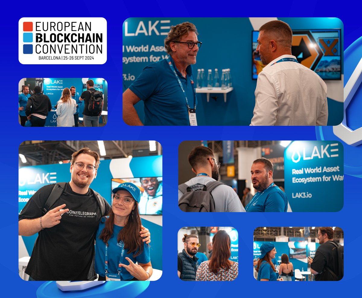 lake_lak3's tweet photo. Day 1 at @EBlockchainCon has been amazing so far!  🌟🚀  

After @Laetitia_Lak3's Keynote, even more people have been stopping by our Booth. 🔥

The energy is awesome, and we can see how much LAKE is sparking interest. 🙋‍♂️  

Curious about how we provide access to the most consumed RWA on the planet—Water—without tokenizing it?💧 
Come by our Booth and we'll tell you everything! 🗣️💧

 #LAK3 #EBC10 #RWA #Water #Web3 #Blockchain