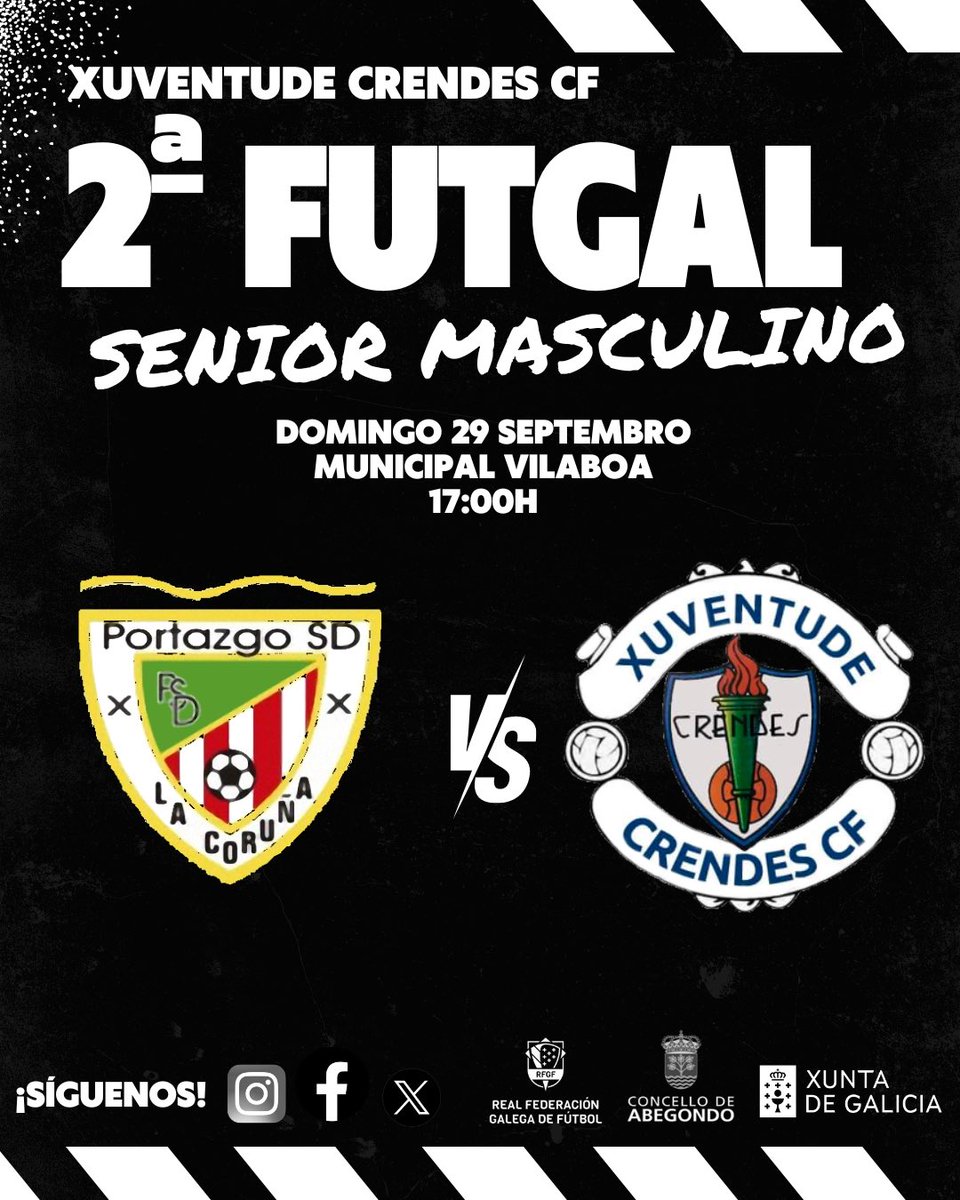 XCrendes's tweet photo. ¡ENCONTROS DO FIN DE SEMANA! 

⚽️ Senior masculino
🆚 @portazgosd 
📆Domingo 29
🕔17:00h
📍Municipal de Vilaboa

⚽️ Senior femenino
🆚 @ccdcurtis 
📆 Domingo 29
🕔 12:00h
📍Meangos

⚽️Juvenil masculino
🆚 @cdmarte1940 
📆Sabado 28
🕔11:00h
📍O Pinar (Vizoño) https://t.co/zcgEB0YGlQ