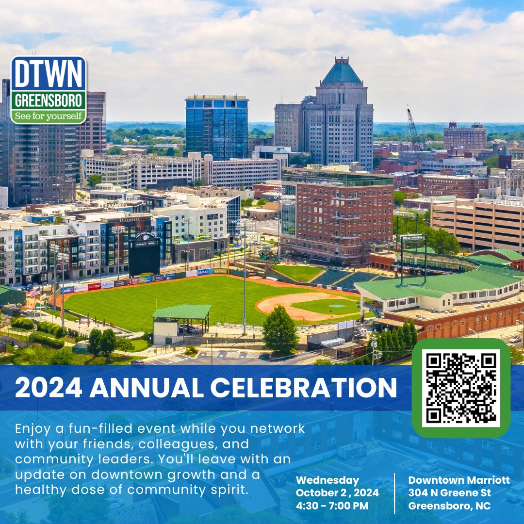 Our 2024 Annual Celebration is in ONE WEEK!

Wednesday, October 2nd 
4:30 - 7:00 PM
Downtown Marriott

Enjoy a fun-filled event while you network, get updates on Downtown growth, listen to live entertainment, and boost your community spirit!

Tickets👇
downtowngreensboro.org/events/annualc…