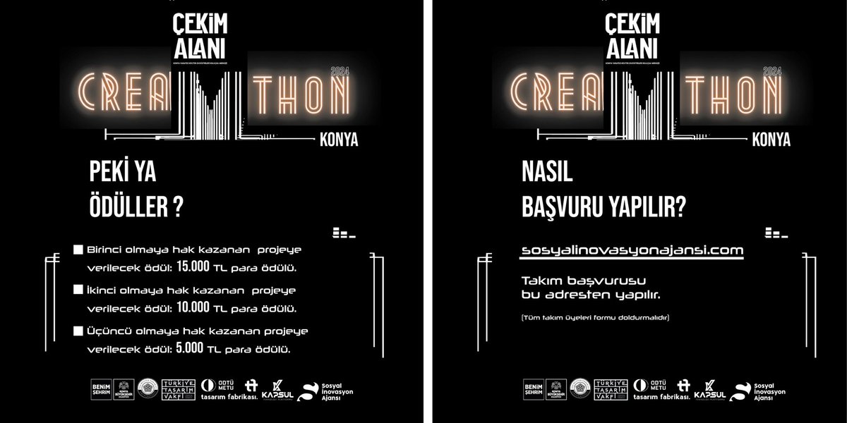 Creathon’24 başlıyor!
Bu yılın teması “Konya Saat Kulesi.”

Yeni nesil kültürel mekânlar için içerik geliştirme maratonu olan Creathon, 36 saatlik bir program olup 19-20 Ekim 2024 tarihlerinde gerçekleştirilecektir.

Son başvuru tarihi: 7 Ekim 2024

Yenilik peşindeysen başvuruyu