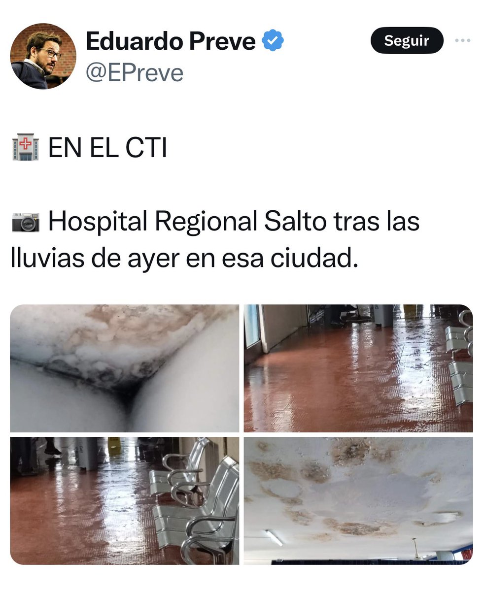 Carlos Rattin Arena 1️⃣3️⃣ (@crattin) on Twitter photo Estimado <a href="/EPreve/">Eduardo Preve</a> esas fotos no pertenecen al CTI Salto. Los pasillos hace dos días porque granizo saturó los canalones. El techo son como recibimos el Hogar del Adulto Mayor,hoy ya reparadas. Estoy a la orden para adjuntarte más fotos. Abrazo Estimado <a href="/EPreve/">Eduardo Preve</a> esas fotos no pertenecen al CTI Salto. Los pasillos hace dos días porque granizo saturó los canalones. El techo son como recibimos el Hogar del Adulto Mayor,hoy ya reparadas. Estoy a la orden para adjuntarte más fotos. Abrazo