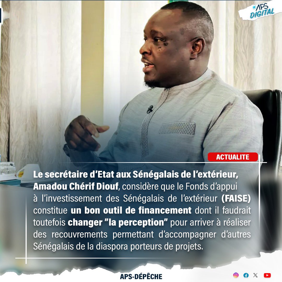 APS_Senegal's tweet photo. Le secrétaire d’Etat aux Sénégalais de l’extérieur, Amadou Chérif Diouf, considère que le Fonds d’appui à l’investissement des Sénégalais de l’extérieur (#FAISE) constitue un bon outil de financement dont il faudrait toutefois changer ”la perception” pour arriver à réaliser des recouvrements permettant d’accompagner d’autres Sénégalais de la diaspora porteurs de projets.

https://t.co/8apUAgb4E0