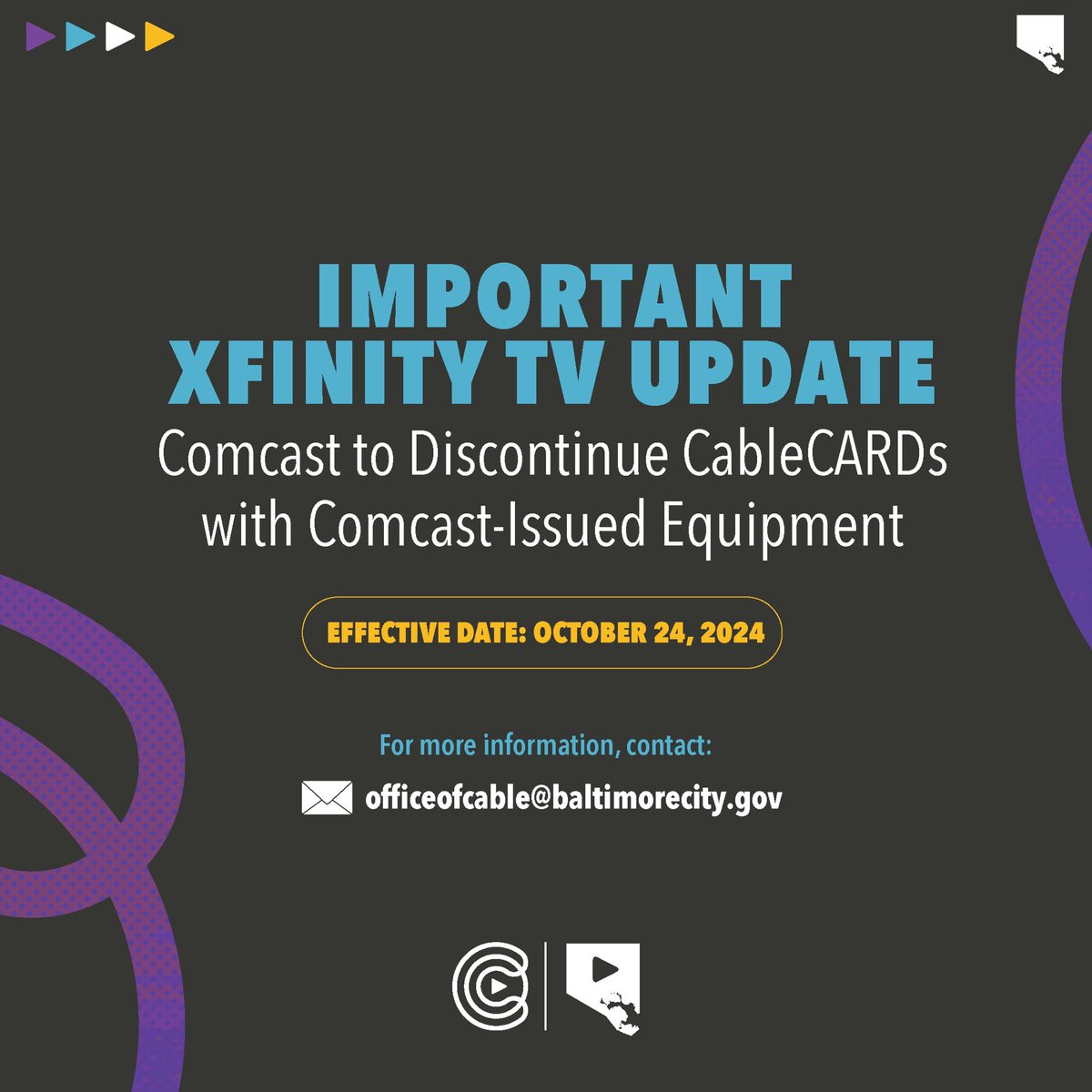 CharmTV Baltimore (@charmtvbmore) on Twitter photo Comcast Customers: Starting October 24, 2024, Comcast will no longer support CableCARDs with Comcast-issued equipment. If you have any questions, please reach out to officeofcable@baltimorecity.gov. Comcast Customers: Starting October 24, 2024, Comcast will no longer support CableCARDs with Comcast-issued equipment. If you have any questions, please reach out to officeofcable@baltimorecity.gov.