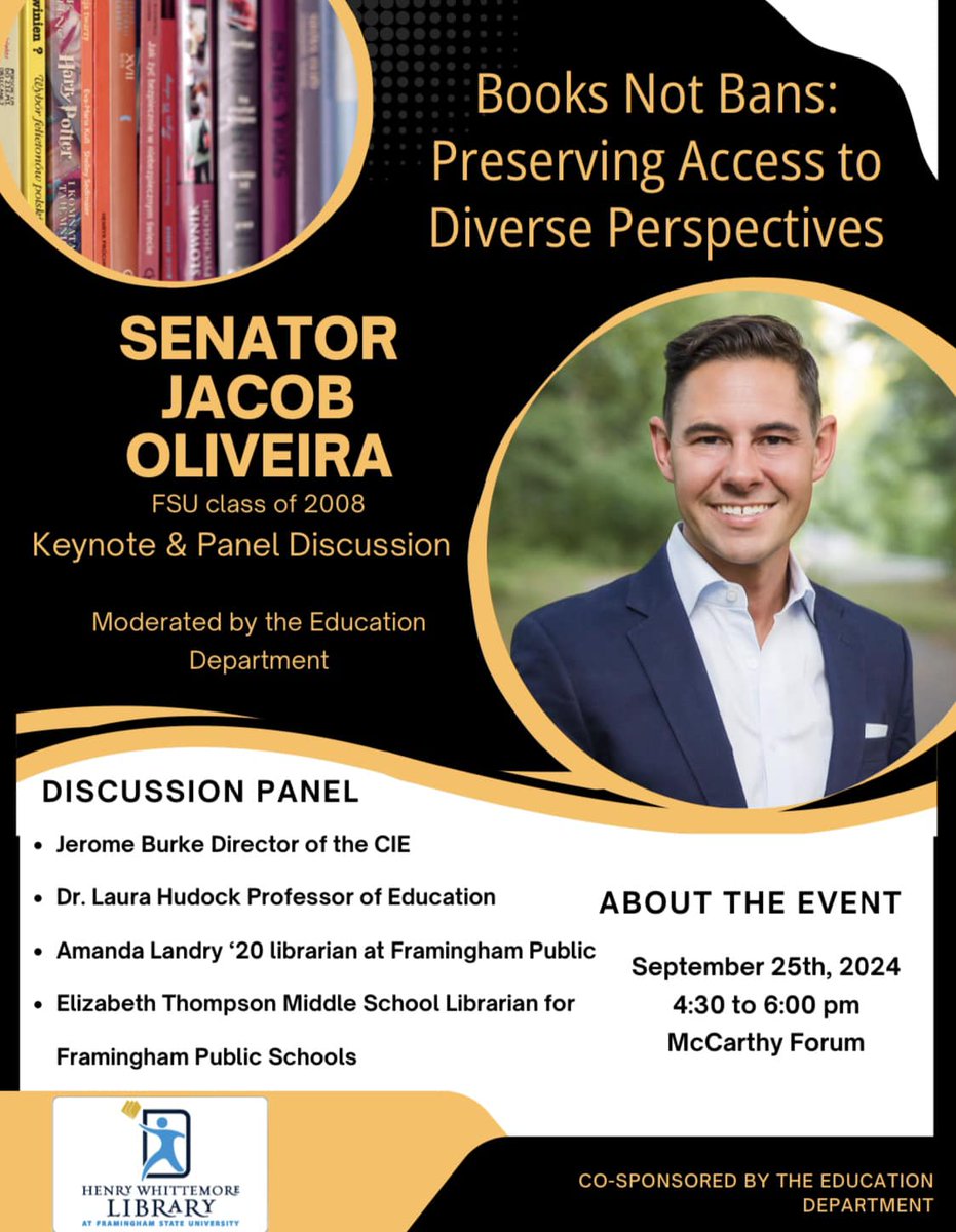 CommartsFsu's tweet image. Framingham State University Communication Arts alumni and State Senator Jacob Oliveira will be back on campus for a Keynote and Panel Discussion. We can’t wait for him to be back on campus! #FSUCommArts #StateSenator @Alumni