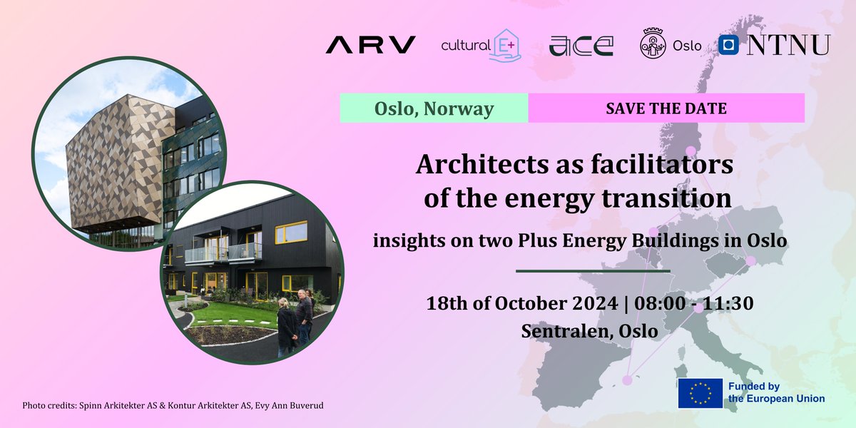 GreenDealARV's tweet photo. Join us to discover various replicable solutions for designing #PlusEnergyBuildings at the next ARV workshop: 'Architects as facilitators of the Energy Transition'
📆 18 October, 8:00 - 11:30 am
📍Sentralen, Oslo
🔗 Register at https://t.co/kvL4l2MDSd https://t.co/2UwJf9glzZ