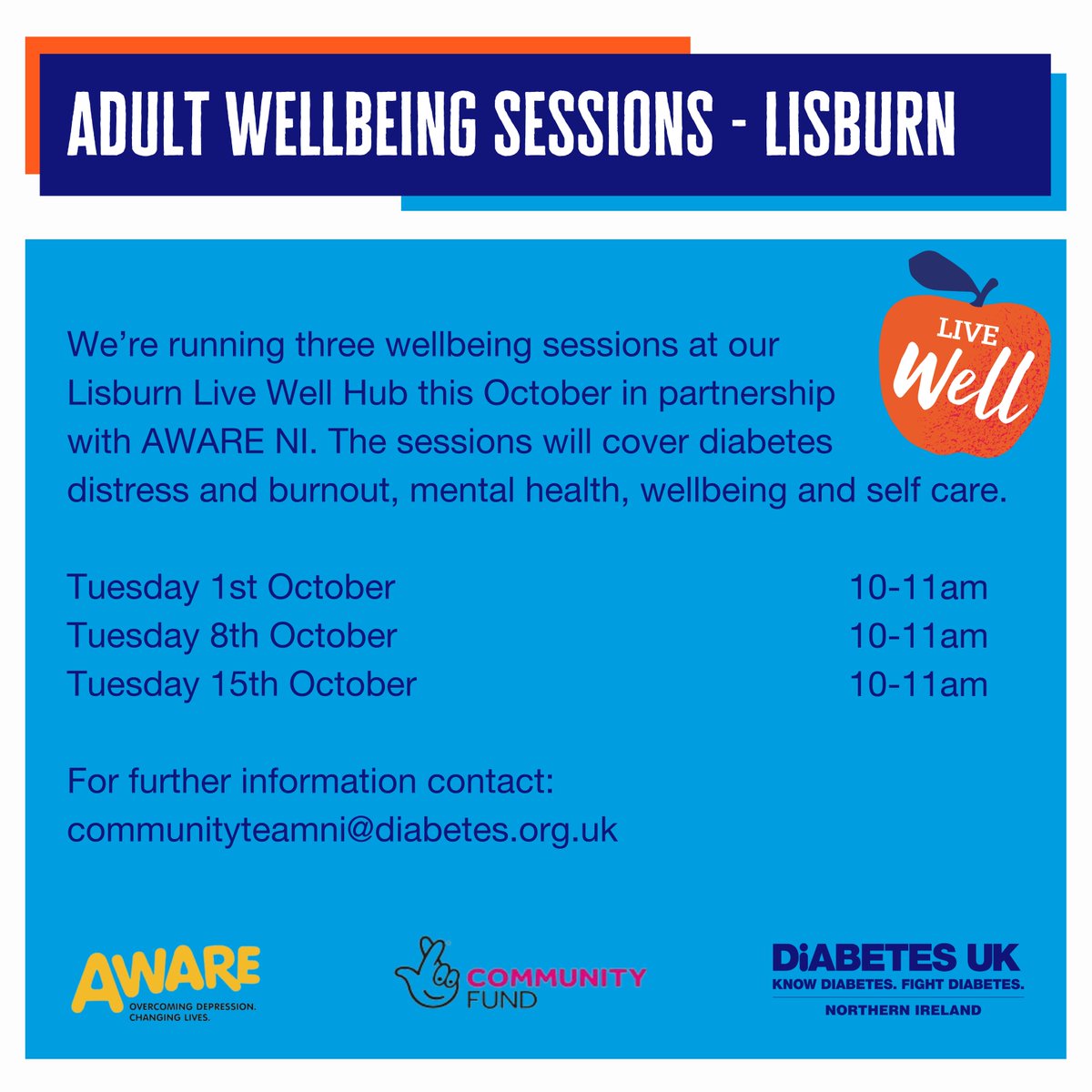 DiabetesUKNI's tweet photo. We’re running three wellbeing sessions at our Lisburn #LiveWellHub this October in partnership with @AWARENI
The sessions will cover diabetes distress and burnout, mental health, wellbeing and self care.
Read more and see upcoming dates: https://t.co/8KCZV8dZ2L
@TNLComFundNI https://t.co/4V4hgwqyIT