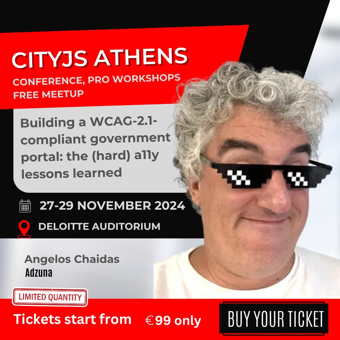 CityJS Conferences (@cityjsconf) on Twitter photo #SpeakerAnnouncement
We are thrilled to have back as a speaker <a href="/chaidas/">Angelos Chaidas</a> - Angelos learnt the hard #a11y lessons whilst building a #wcag 2.1 compliant government portal
A funny talk as promised!
All you need to do is to Register for a ticket
athens.cityjsconf.org #SpeakerAnnouncement
We are thrilled to have back as a speaker <a href="/chaidas/">Angelos Chaidas</a> - Angelos learnt the hard #a11y lessons whilst building a #wcag 2.1 compliant government portal
A funny talk as promised!
All you need to do is to Register for a ticket
athens.cityjsconf.org