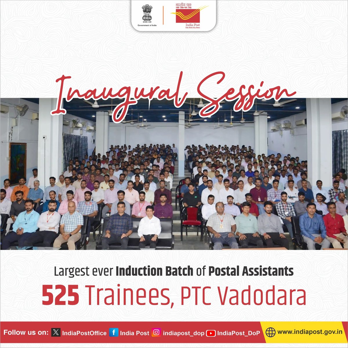 IndiaPostOffice's tweet photo. Inaugural session of the largest postal assistant induction batch at PTC Vadodara!

This program marks a significant step in preparing future postal officials for excellence in Dak Sewa and dedicated service to the nation. https://t.co/c9T74Ib1mF
