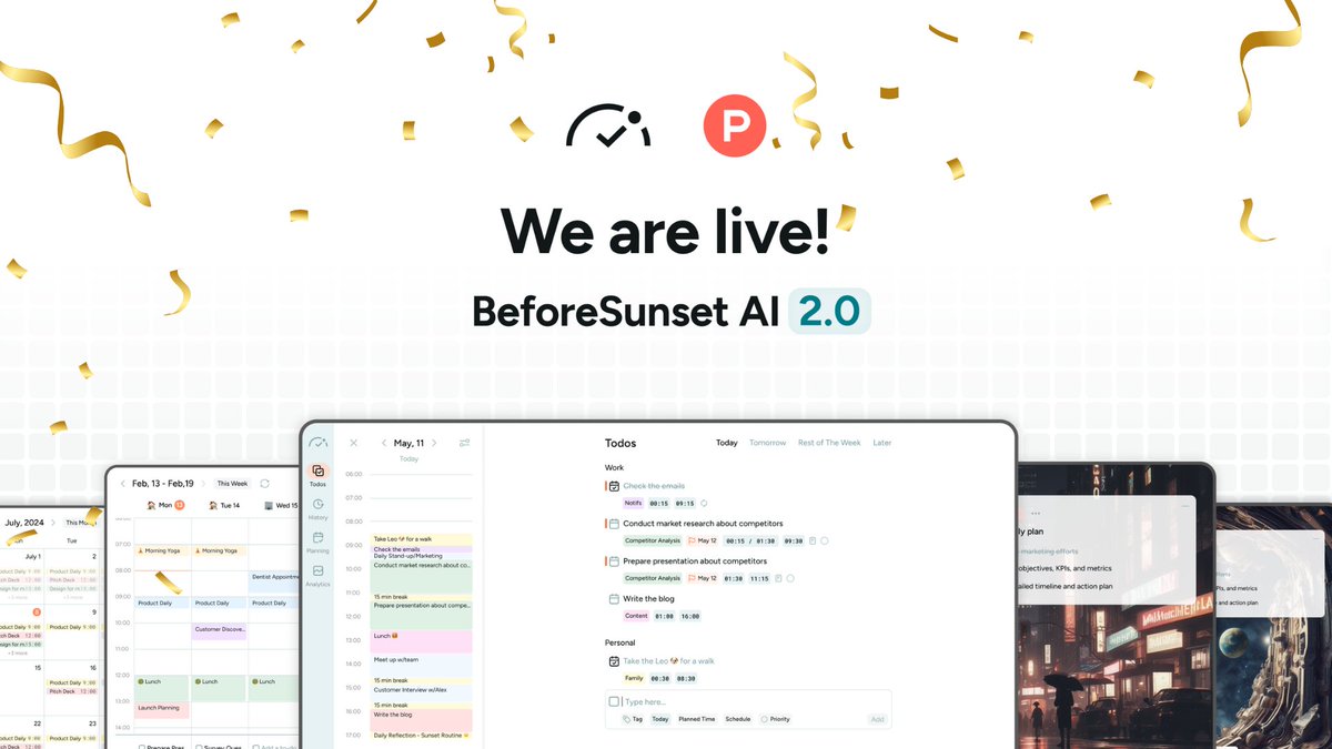 BeforeSunsetAI's tweet photo. It’s Official! 🚀

We are officially live on Product Hunt!

Don’t forget to click the link to support our launch and get your special discount code!👇

https://t.co/xvg4ELre1n

#producthunt #BeforeSunsetAI #launch #AI https://t.co/Xr4k6hu3AN