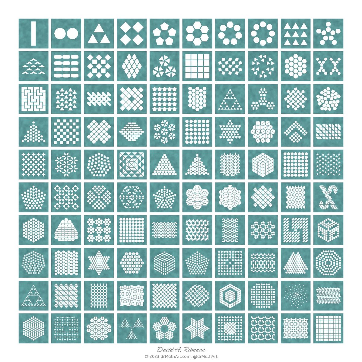 Get familiar with the mesmerizing math art of MoMath’s Visiting Professor David Reimann (<a href="/drMathArt/">David A. Reimann</a>), like these representations of integers 1-100.

What are some patterns you notice?

View more: drmathart.com/Artwork.php.