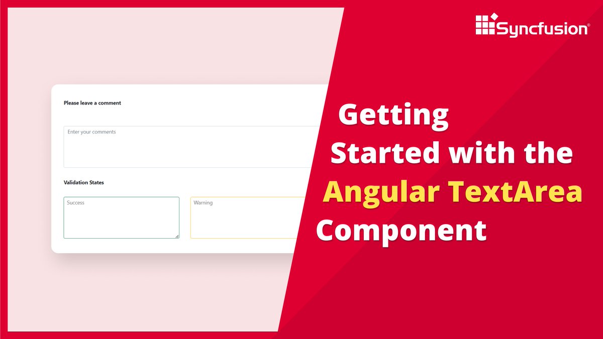 Syncfusion's tweet photo. Enter multiple lines of text with our Angular TextArea component. Explore its features, including floating labels and dynamic resizing.
Watch now:https://t.co/Iw0o4yV9qa
#angular #textarea #inputs #multilinetextbox https://t.co/6pksWVg8xJ