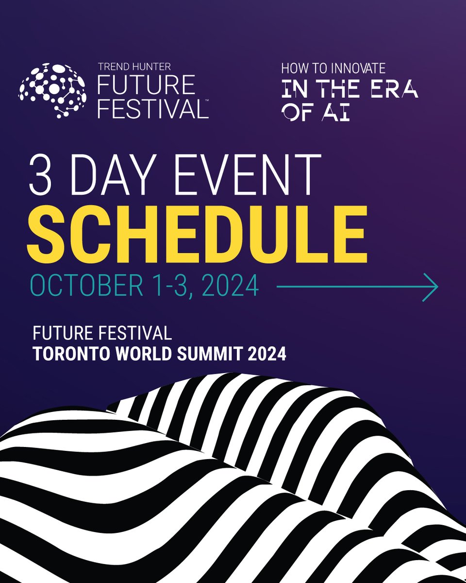 trendhunter's tweet photo. Get Ready for 3 Days of Innovation! 🚀
From October 1st to 3rd, dive into AI, future tech, and more. Explore cutting-edge ideas, sessions, and keynotes shaping tomorrow. Swipe for each day's highlights!
#FutureFestival
#InnovationSummit
#AI https://t.co/Q31XDZesQX