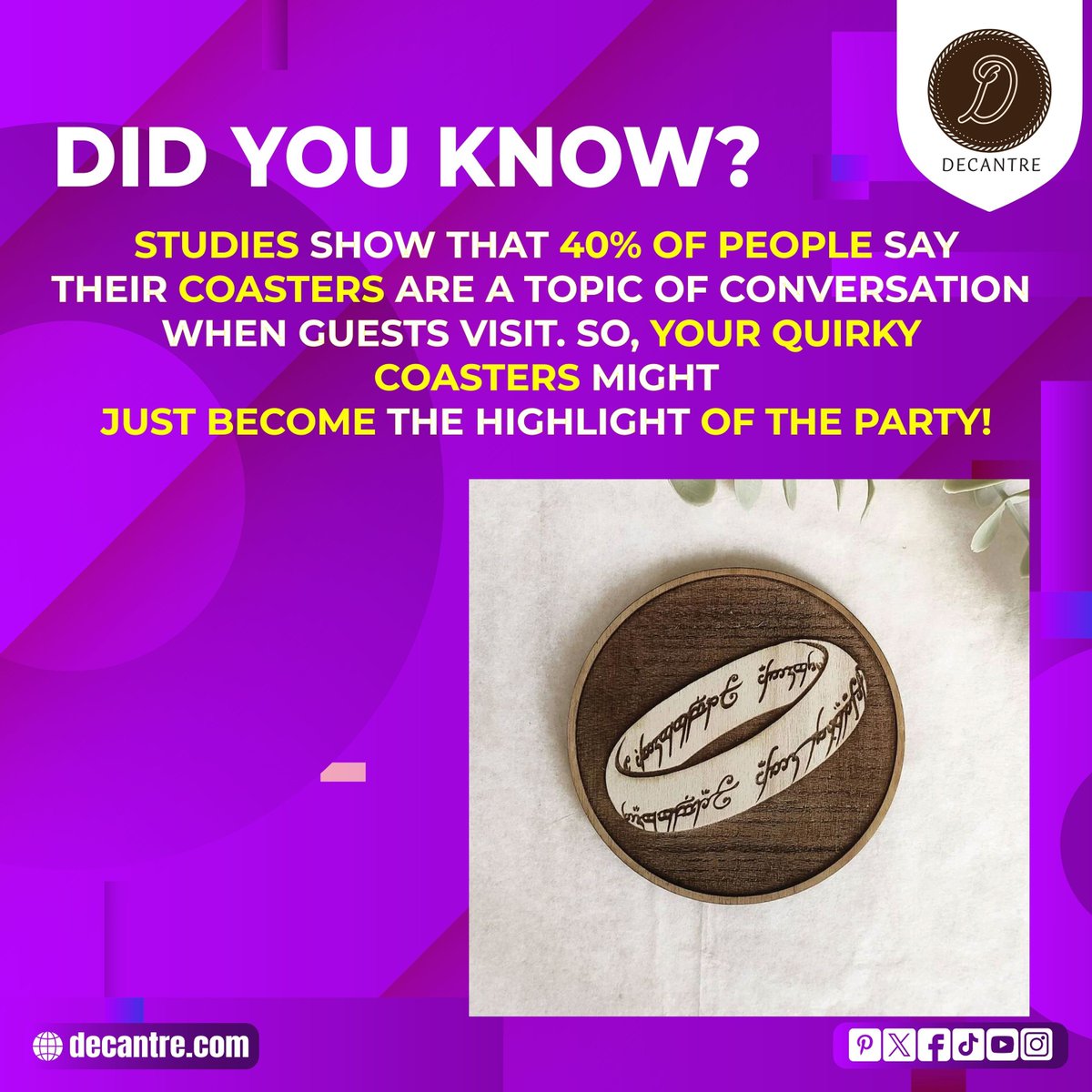 decantre_shop's tweet image. Studies show that 40% of people say their coasters are a topic of conversation when guests visit. So, your quirky coasters might just become the highlight of the party! 🗣️🎉
.
Visit our website 👉 decantre.com 
.
#interiorhomedesign #interiordesignlovers
